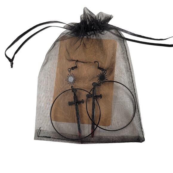 Gothic Sword Hoop Earrings Black Red Blade Sunburst Dangle Cosplay Jewelry 3" - Picture 2 of 9